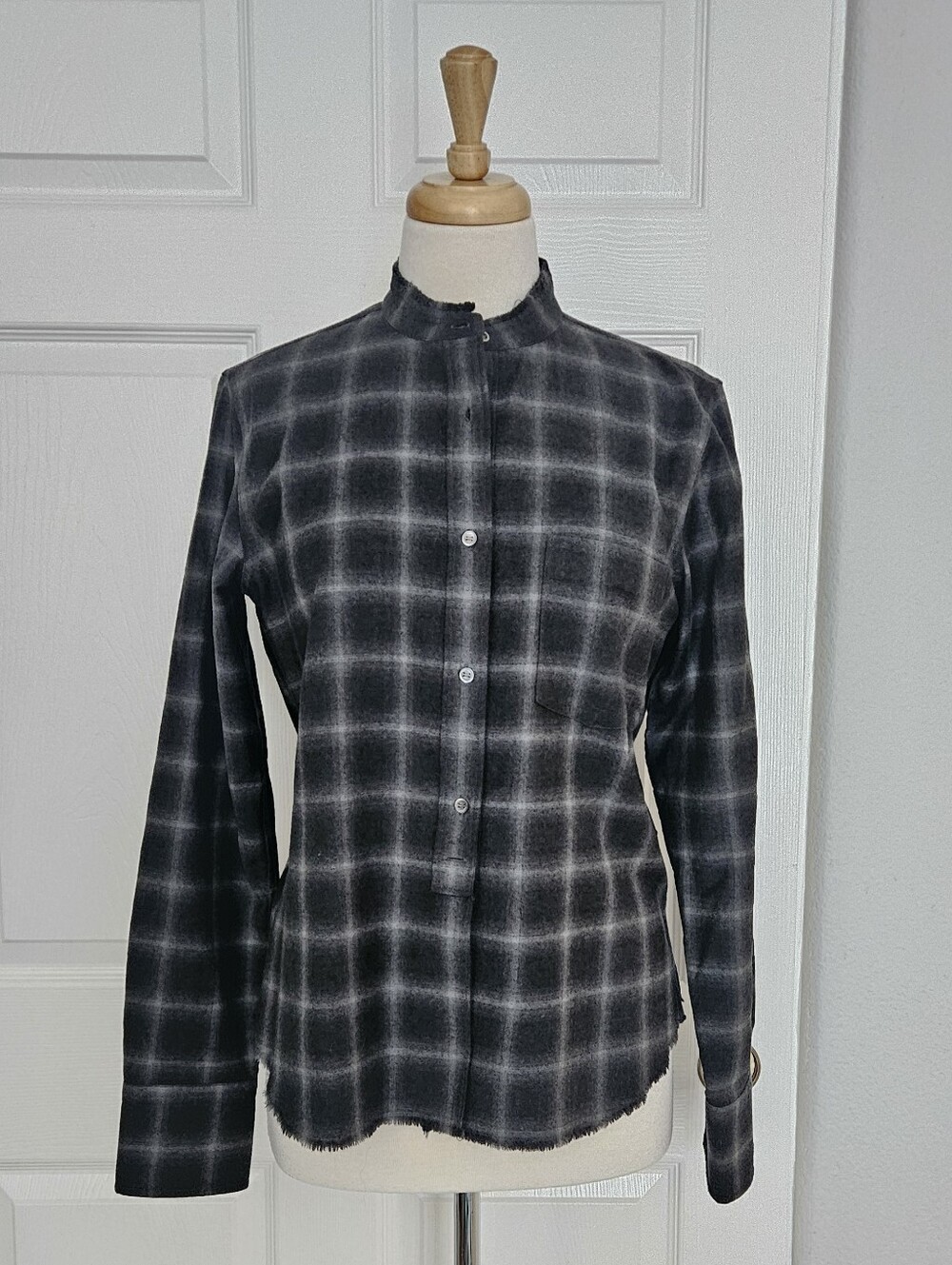 Helmut Lang Black and Gray Plaid Mandarin Collar Button-Down Shirt